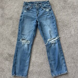American Eagle High-Rise Straight-Leg Blue Jeans (with distressed knees)